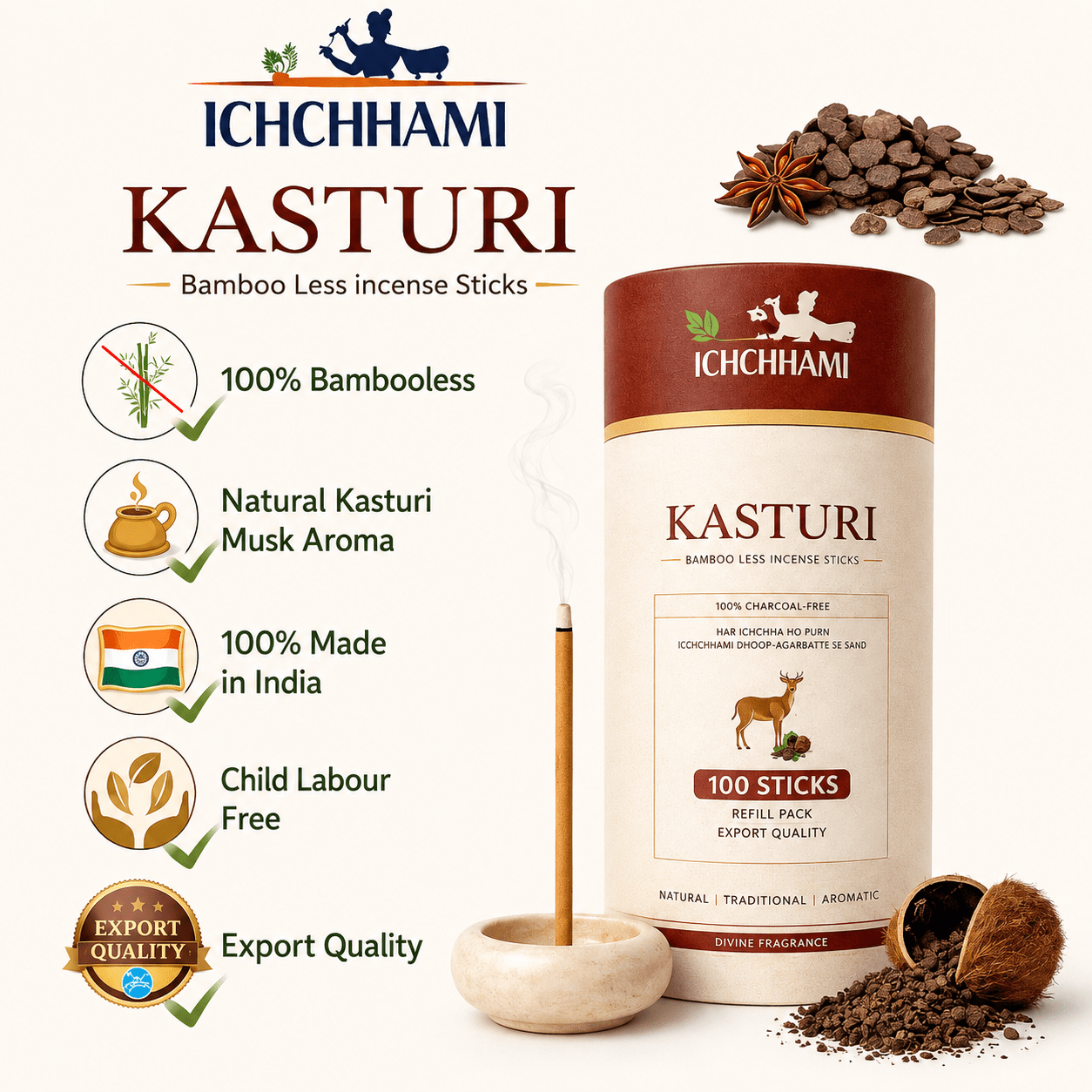 Ichchhami Kasturi Bamboo Less Incense Sticks