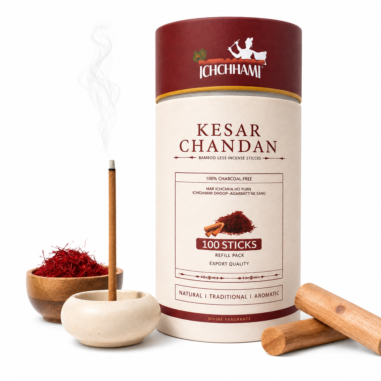 Kesar Chandan Bamboo Less Incense Sticks – 100 Sticks