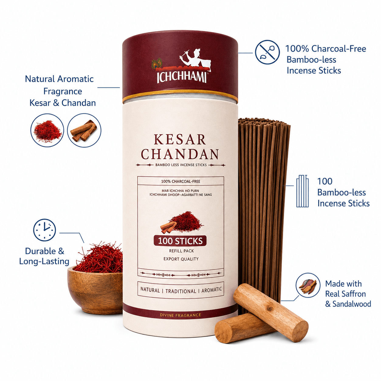 Kesar Chandan Bamboo Less Incense Sticks – 100 Sticks