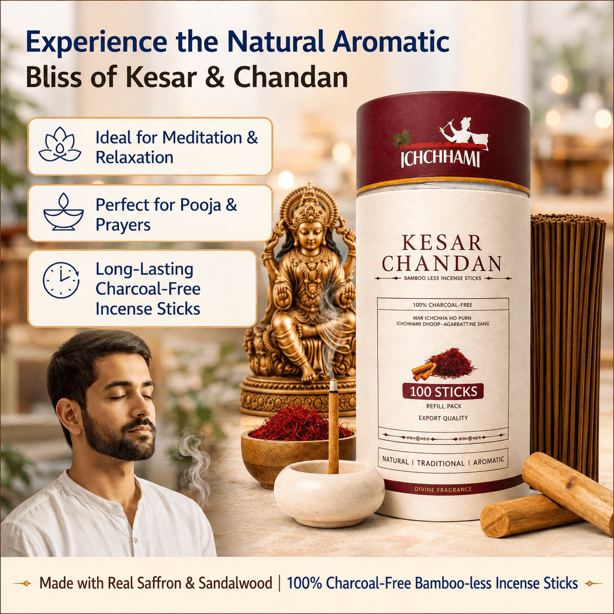 Kesar Chandan Bamboo Less Incense Sticks – 100 Sticks