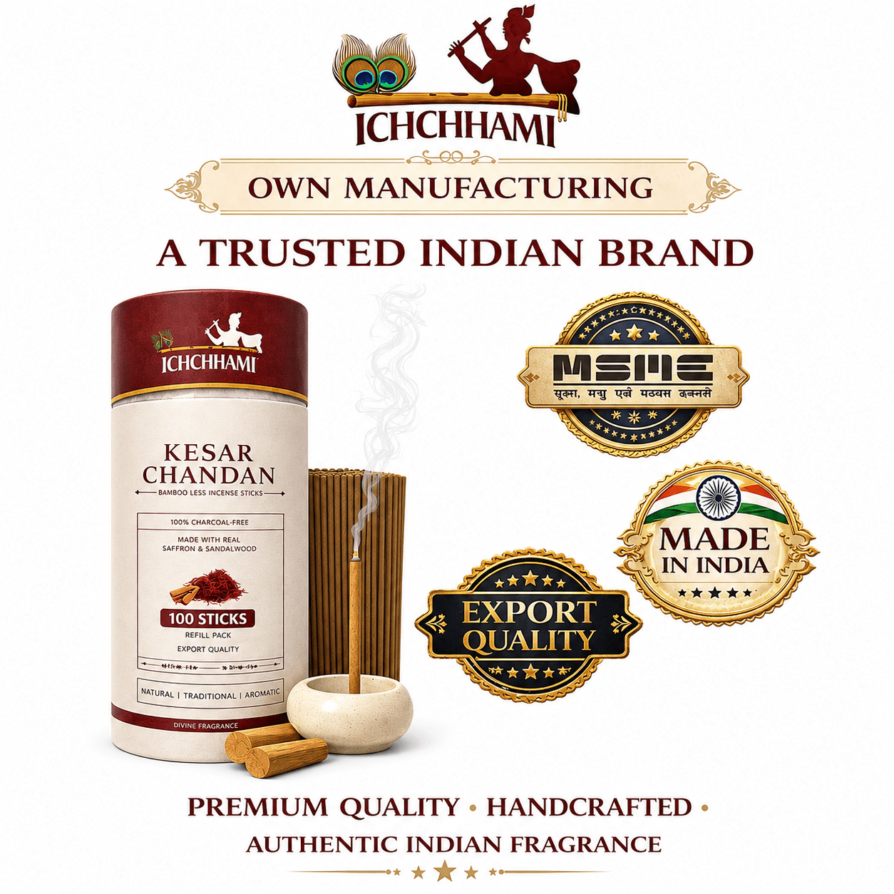 Kesar Chandan Bamboo Less Incense Sticks – 100 Sticks